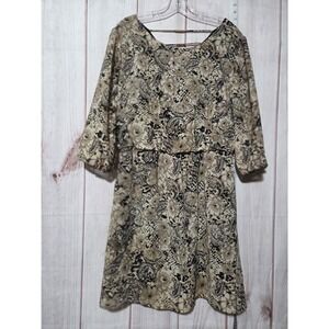 Floral Paisley Dress Ladies 1x Beige Black 3/4‎ Sheer Sleeve Tiered Chiffon